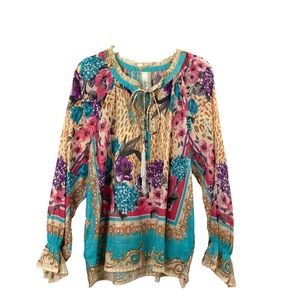 Aratta Artisan Leopard floral paisley tassel peasant blouse Size L boho‎ artsy